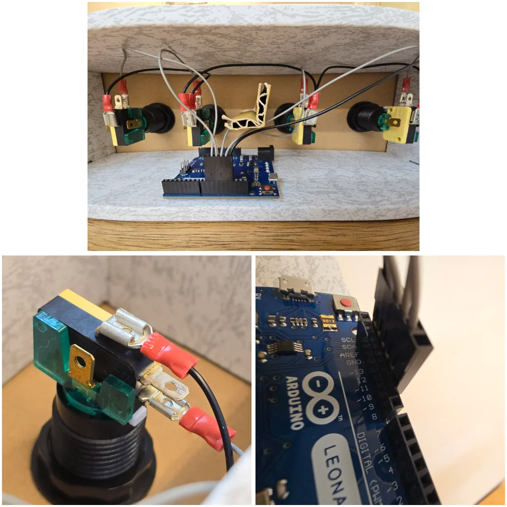 Top: An overview of the wiring from an Arduino to four switches. Left: A closeup of a switch with spade connectors on C and NC. Right: A closeup of the wires connected to an Arduino's GND, ~13, 12, ~11, and ~10 IO headers