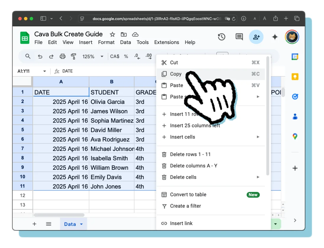 All of the students' data has been selected and is being copied.