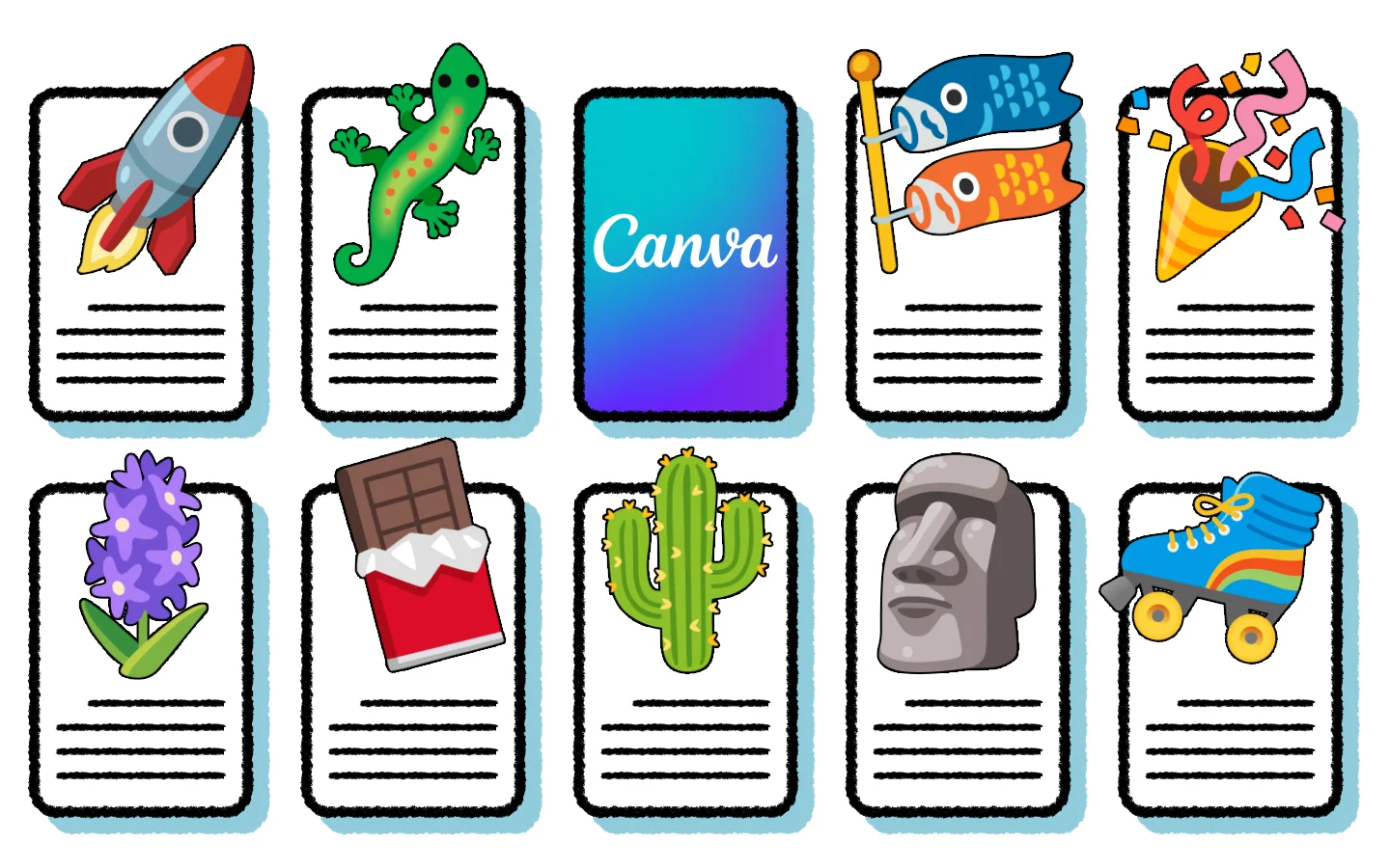 A grid of icons that represent documents, each with a different emoji on top, except one document icon is fashioned to appear like the Canva logo.