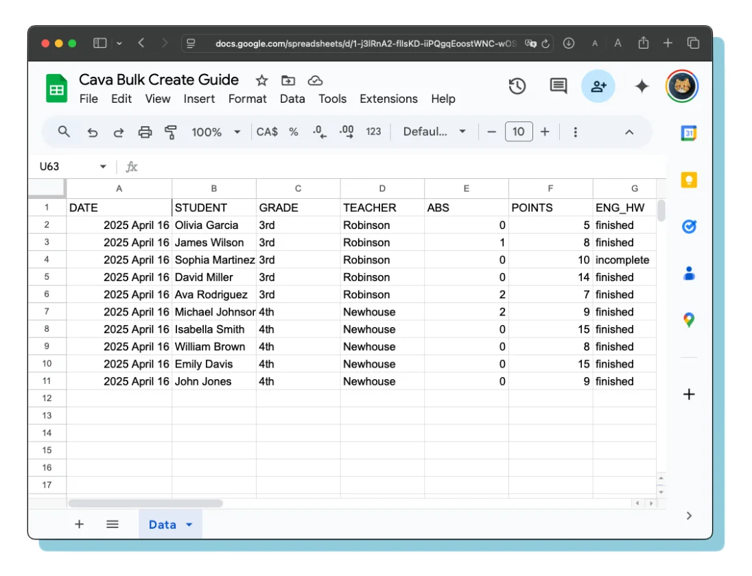 This spreadsheet contains the mock data for this guide.