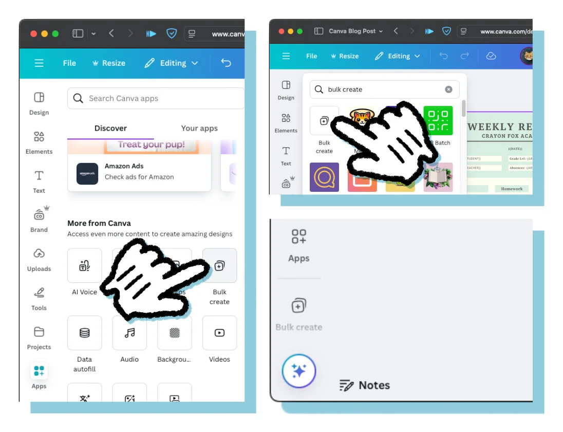 > Left: The 'Apps' button leads you directly to the 'Bulk create' app. Top-right: The bulk create app is the top result when searching by its name. Bottom-right: The app remains in the sidebar.