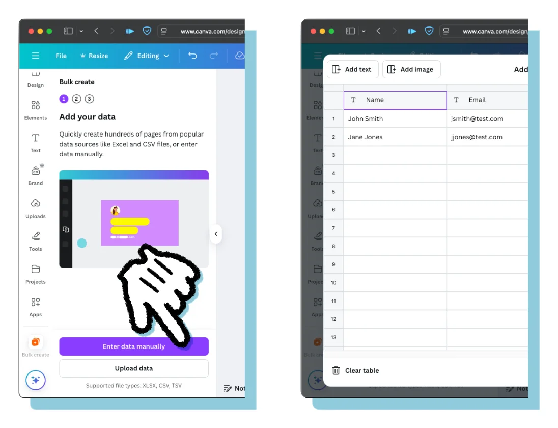 Left: The 'Enter data manually' button takes you to where you can paste your spreadsheet data. Right: The screen in which you can paste your data.