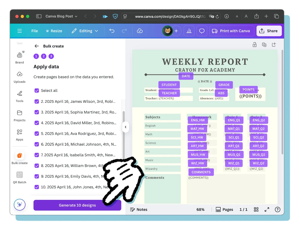 All of the placeholders have been connected to a data source and the output is ready to be generated.