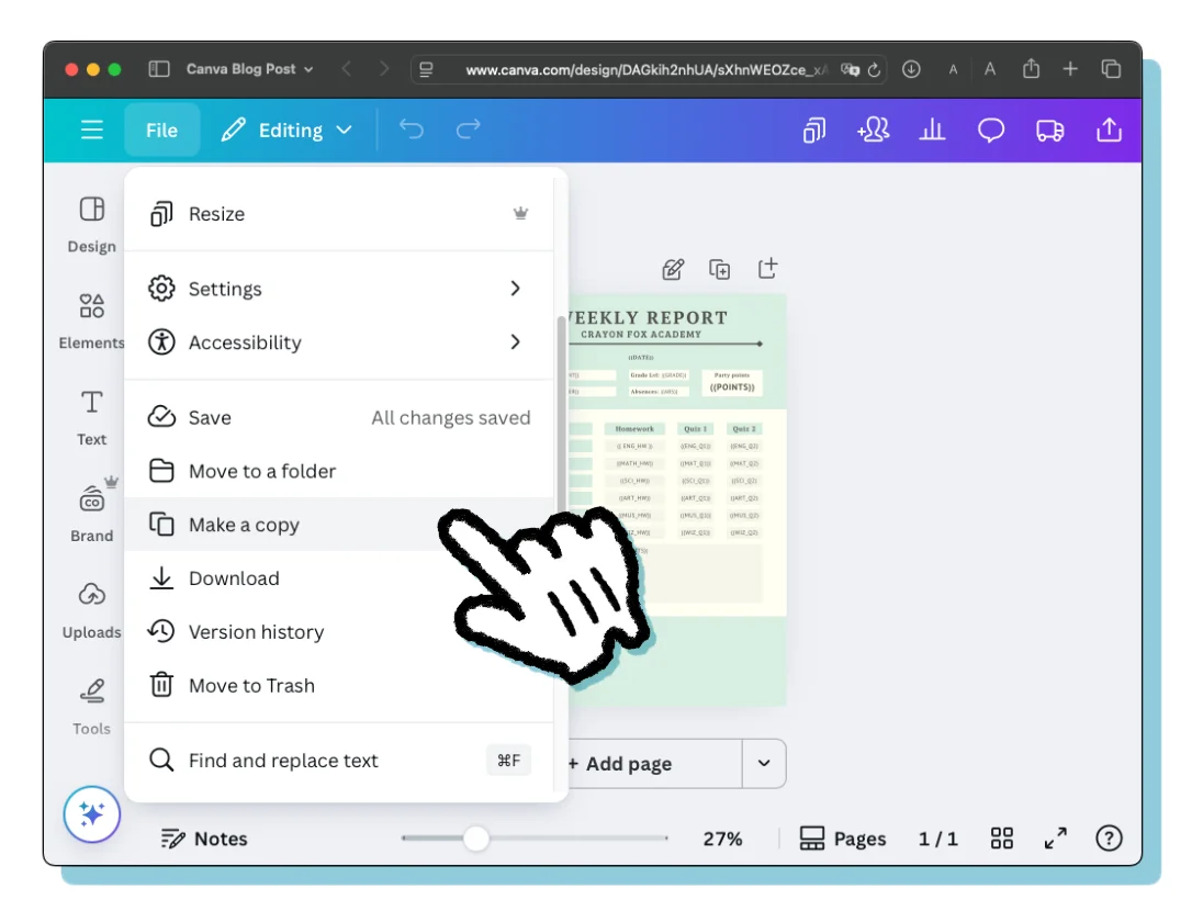 A sample template document within the Canva web interface. The file menu is open and the 'Make a copy' function is highlighted.