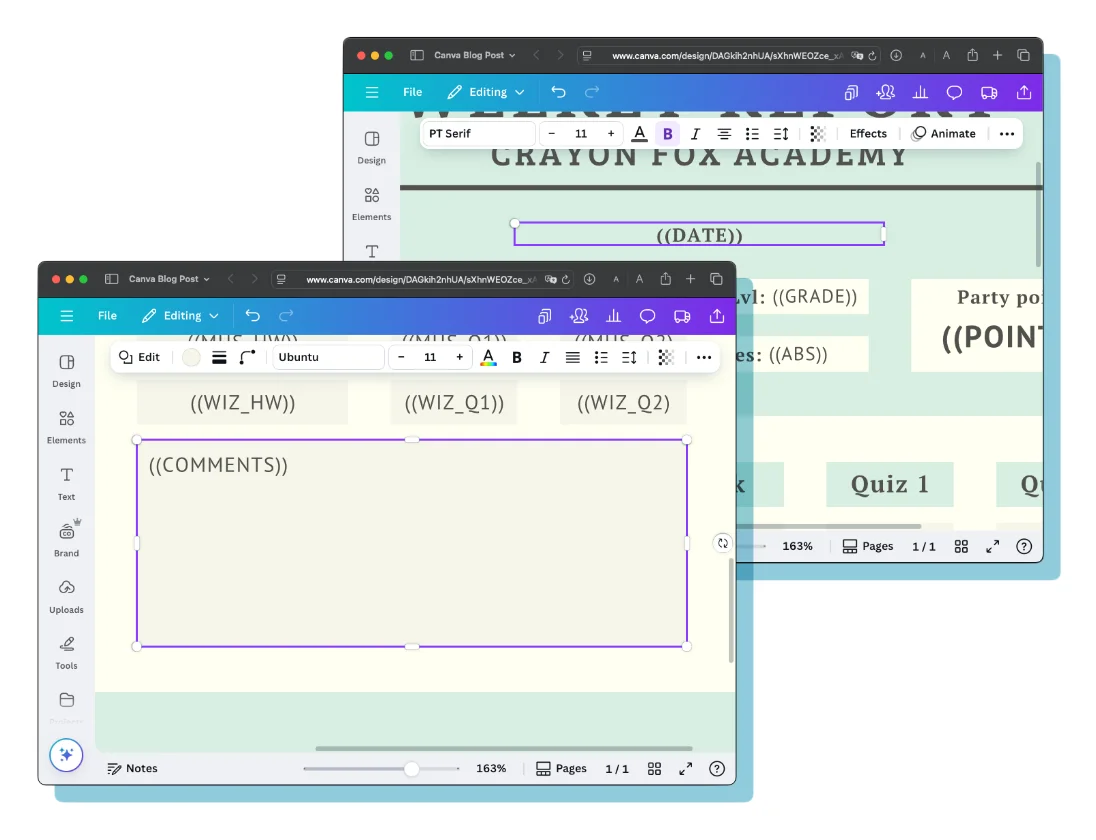 Top: The date placeholder is center-aligned and the box is much wider than the placeholder text. Bottom: The comments placeholder is left-aligned and the box extends to the edge of the area reserved for comments.