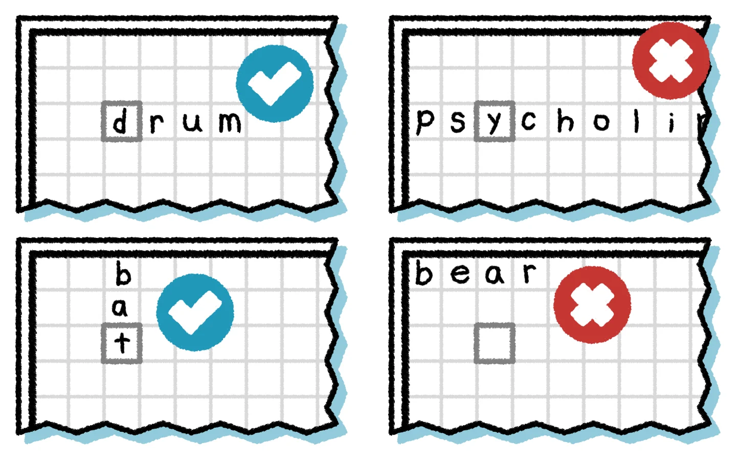 Some good and invalid first words. Top-right: This word is too long. Bottom-right: This word does not intersect with the starting square.
