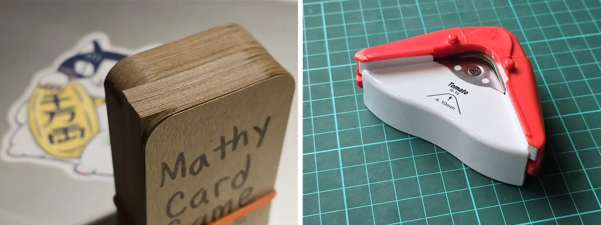 Left: My personal deck of cards. The differently-cut corners make the different groups of cards easy to distinguish. Right: A 10 millimeter corner cutter.