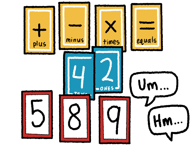 Three plays cards, 5, 8, and 9 are on the table. The players are thinking.