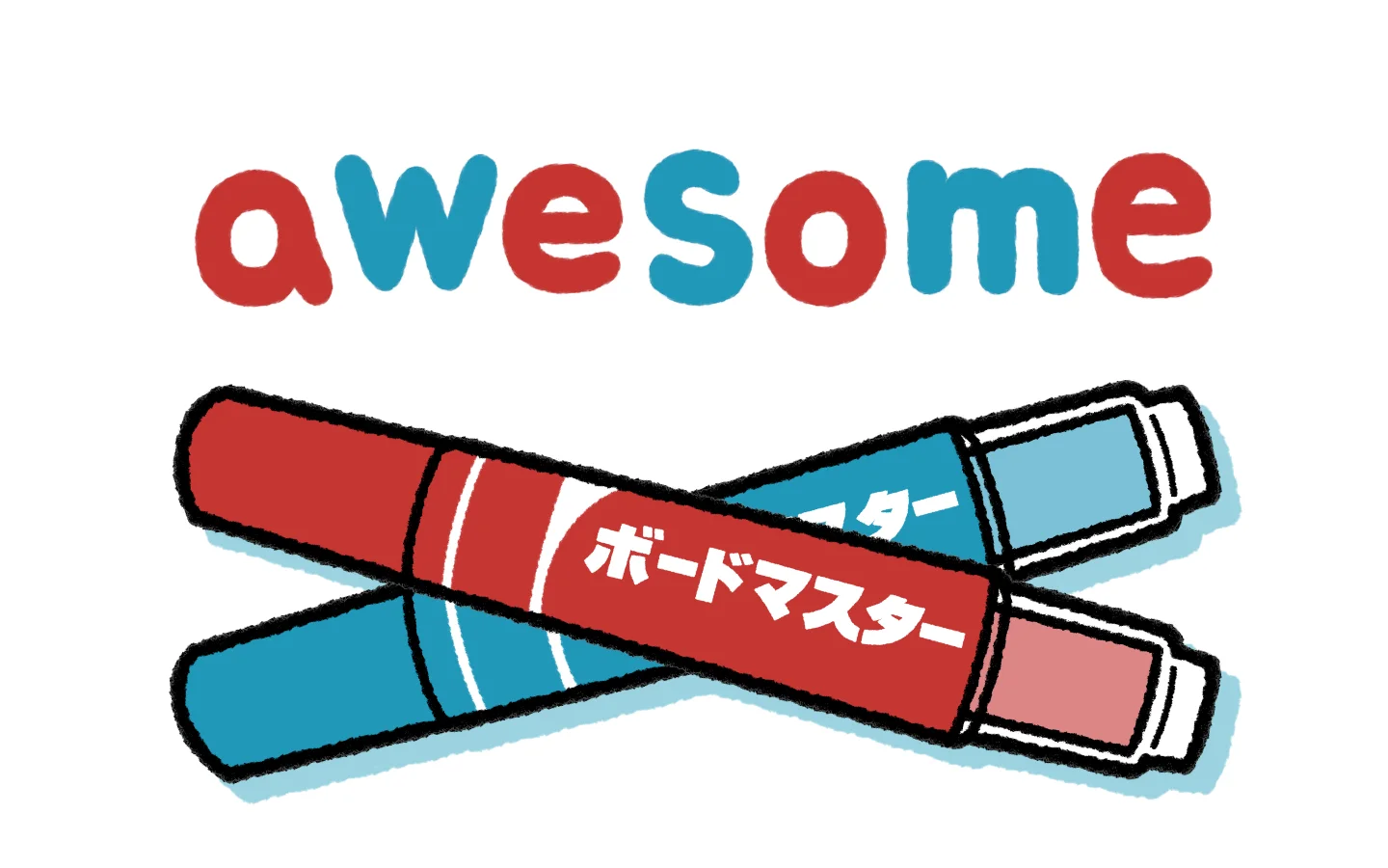 The word 'awesome' written in alternating red and blue ink. Two markers, red and blue, are below the word.